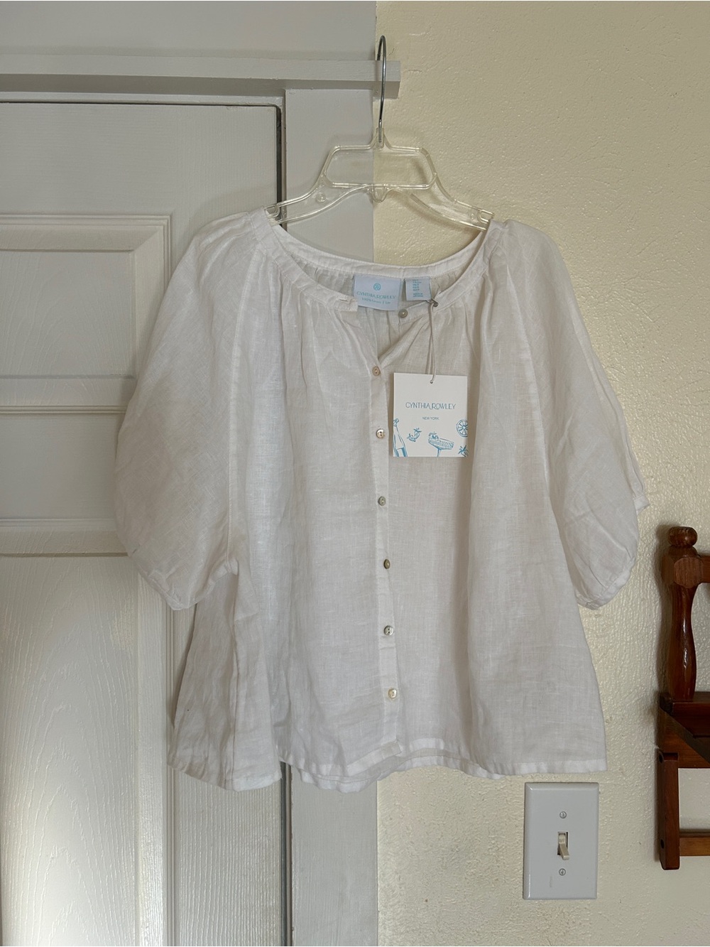 100% Linen Cynthia Rowley White Button-Front Peasant Blouse Small
